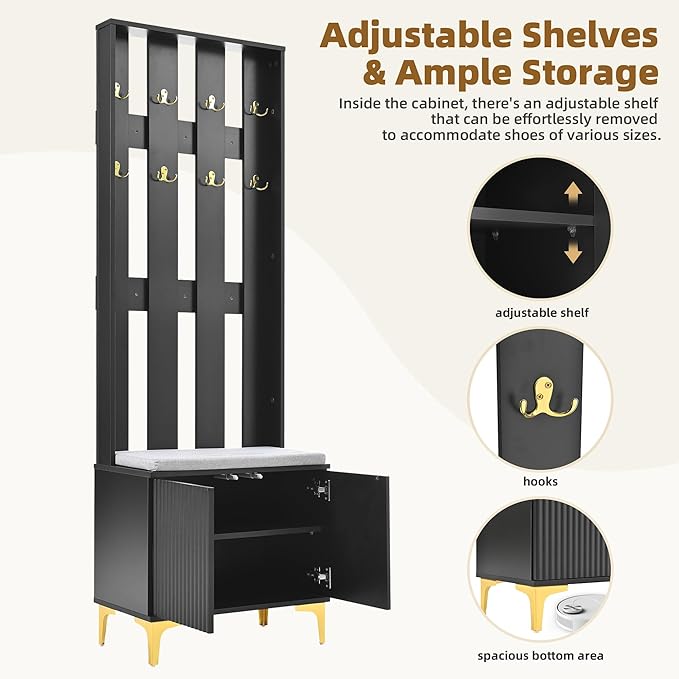 70.8" H Hall Tree with Cushion, Modern Luxury 4-in-1 Hall Tree with Adjustable Shelves & Fluted Doors, Versatile Coat Rack with 8 Gold Hooks and Legs, Entryway Bench for Hallway (Black/379)