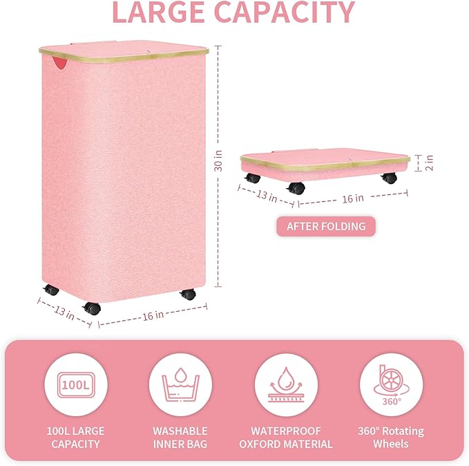100L Pink Laundry Hamper on Wheels, Large Laundry Hamper with Wheels and Lid, Collapsible Storage Dirty Clothes Hamper with Removable Mesh Bag, Clothes Storage with Handles for Home