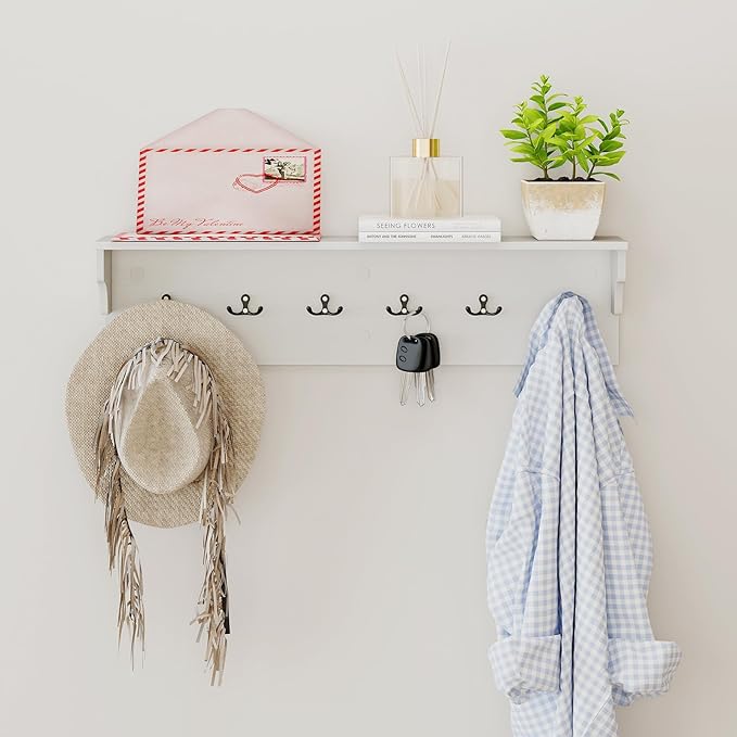 Giantex Coat Rack Wall Mount, 31.5" Wooden Coat Hooks with Shelf, Wall Clothes Rack w/ 6 Dual Hooks for Hats Towels Purses Robes, Floating Display Shelf for Living Room Bedroom Entryway, White