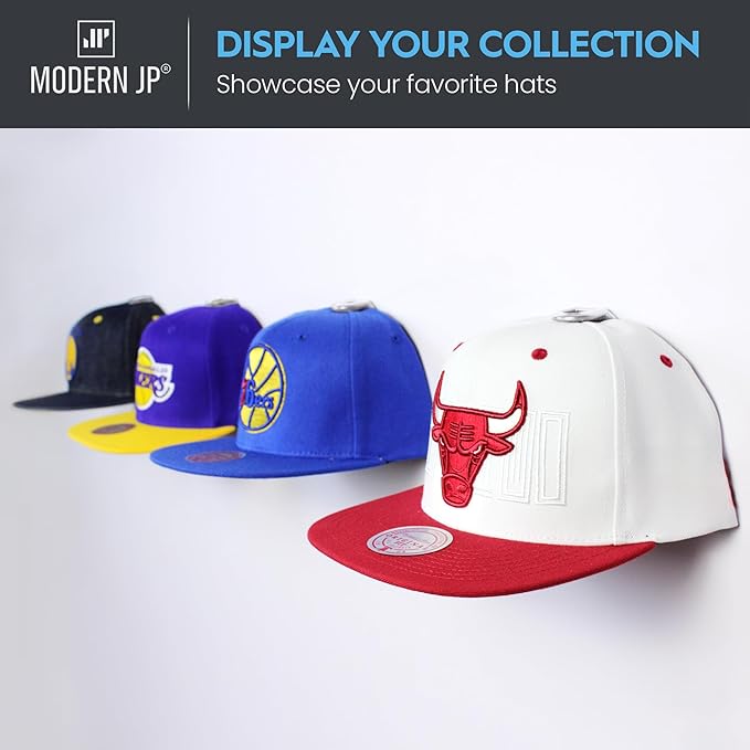 Modern JP Adhesive Hat Hooks for Wall (16-Pack) - Hat Rack for Baseball Caps, Minimalist Hat Display, Strong Hold Hat Hangers for Wall - USA Patented, White