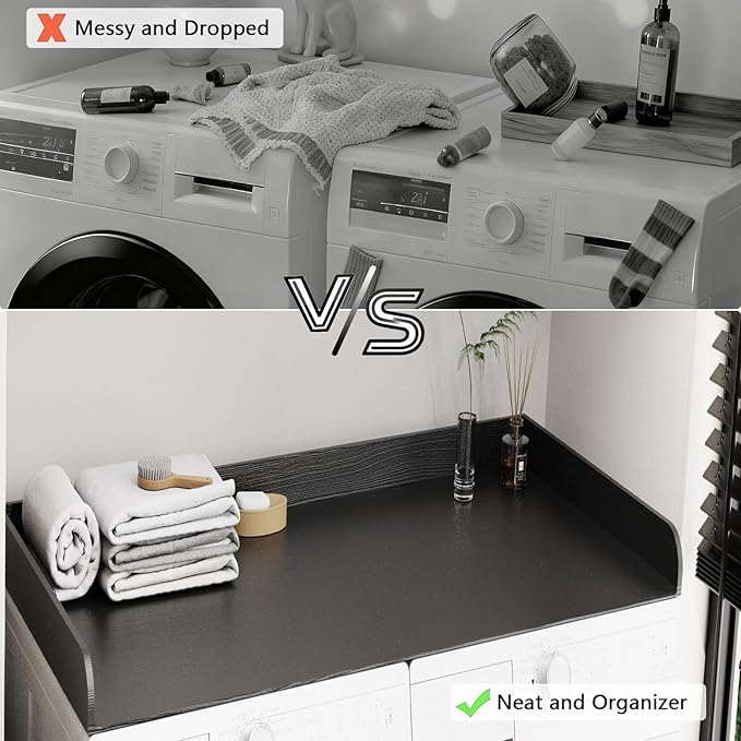 Fabuday Wood Washer Dryer Countertop for Laundry Room - 54'' W x 27.5'' D x 3.2'' H Laundry Counter Table for The Top with Edge, Storage and Organization Over Washing & Dryer, Charcoal Black