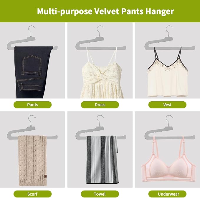 ManGotree Non Slip Velvet Pants Hangers, Open Ended Felt Jean Hangers for Closet Organizer, Heavy Duty Space Saving for Trousers, Slacks, Shorts, Dress, Scarf (20 Pack, Grey)