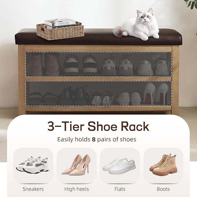 Shoe Rack Bench with Leather Cushion, 2 Tier Solid Wood Storage Bench, Mid-Century Modern Shoe Bench for Entryway, Hallway, Closet, Front Door Entrance, Foyer (Dark Brown, 39.4")