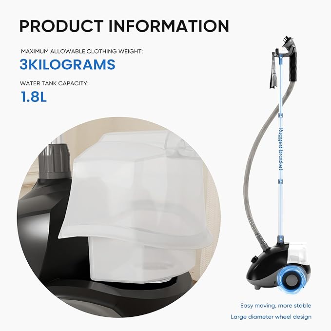 NEWBULIG Garment Steamer for Clothes Standing, 1500W Efficient Clothes Steamer Standing with Wheels, Professional 58OZ Water Tank for Continuous Steaming, Fast Heating Wrinkle Remover