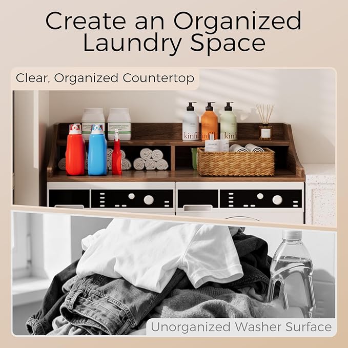 2-Tier Washer Dryer Topper, 54" x 27.6" Washer Dryer Countertop with Non-Slip Mat, Laundry Room Organizer with Storage Shelf for Folding & Sorting Clothes, Walnut