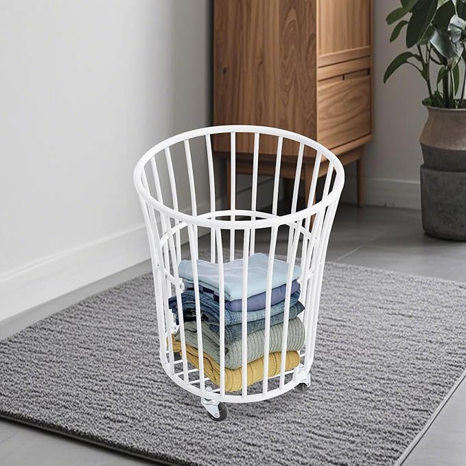 Metal Laundry Basket, Rolling Laundry Hamper with Wheels, Round Mesh Iron Basket Storage Clothes Organizer with Locking Casters for Laundry Room Bathroom Bedroom Closet Dorm (White)