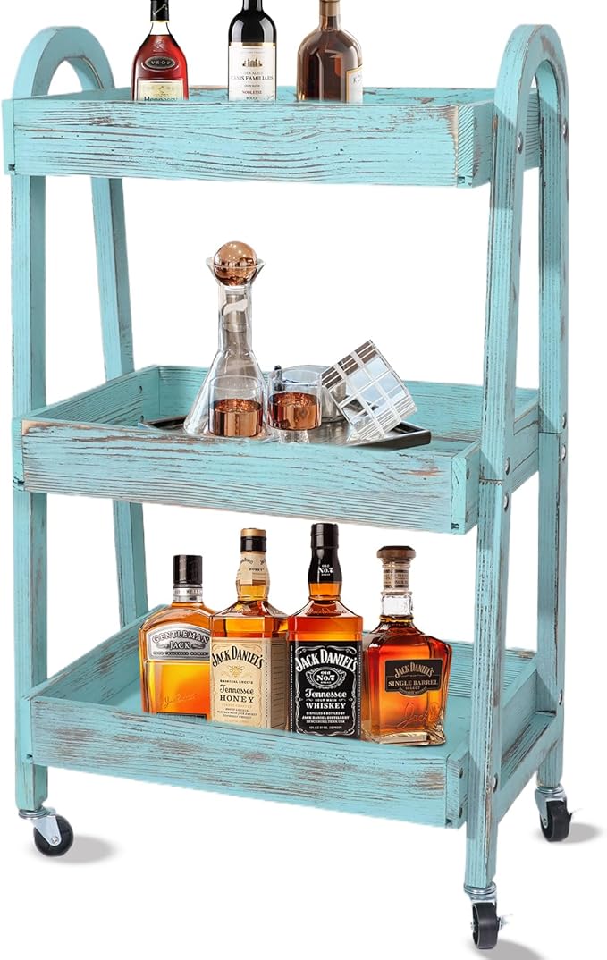 3-Tier Wooden Rolling Cart- Wooden Utility Cart wit Wheels- Utility Rolling Cart-Storage Trolley Organizer- Rolling Kitchen Serving Cart for Office,Kitchen, Kids' Room (Retro Blue)