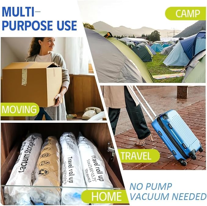 12 Pack Compression Bags for Travel, Roll Up Reusable Travel Space Saver Vacuum Storage Bags for Luggage, Camping, and Storage (No Vacuum or Pump Needed).