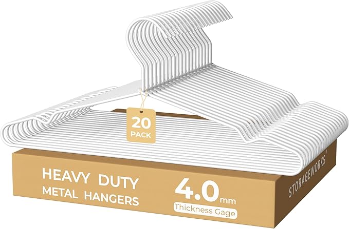 StorageWorks 4mm Super Thick Metal Wire Hangers, Heavy Duty Stainless Steel Clothes Hangers for Coats, Shirts Jackets, Pants, Suits, Space Saving White Hangers for Closet, 20 Pack