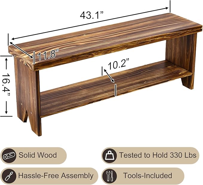 43" Solid Wood Farmhouse Bench, Entryway Bench with Storage Shelf, Vintage Long Rustic Indoor Bench for Bedroom, Entryway, Hallway, Dining
