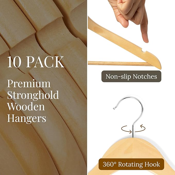 Wooden Clothes Hangers 10 Pack, Natural Wood Coat Hangers, Non-Slip Shoulder Grooves & Notches, 360° Swivel Chrome Hook, Space-Saving for Suits & Jackets, Closet Organizer - Hodge Home Essentials