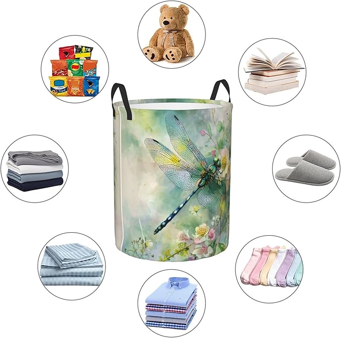 Dragonfly Floral Pattern Laundry Hamper, Collapsible Storage Basket with Handles for Clothes, Bedroom, Bathroom 19.6 x15.7 Inch
