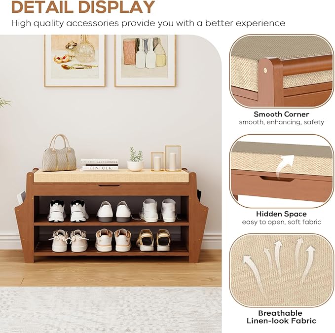 34.3in Shoe Bench, Bamboo 3-Tier Entryway Bench with Storage, Shoe Rack Organizer Holds Up to 330 lb, 34.3 x 11.8 x 18.9 Inches for Entryway Bedroom Closet Living Room Hallway