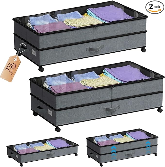 Under Bed Storage with Wheels, 2 Pack 75L Underbed Large Storage Bins with Lid, Adjustable Rolling Storage Containers for Clothes, Shoes, Blankets