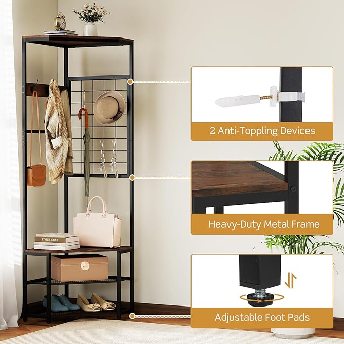 Giantex Corner Hall Tree with Shoe Bench, 4-Tier Freestanding Coat Rack with Hooks & 2-Tier Metal Wire Shoe Rack, Industrial Corner Storage Organizer for Entryway, Hallway, Bedroom