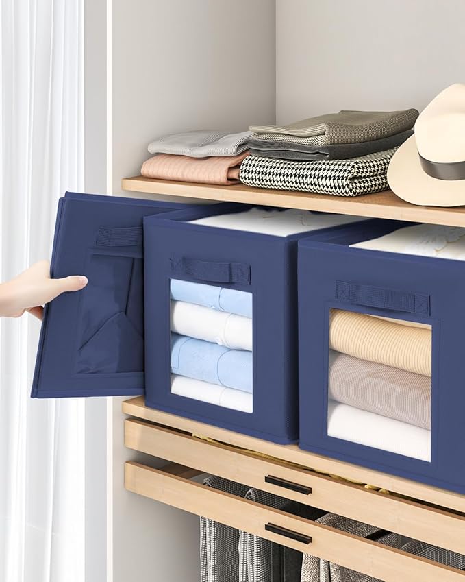 Storage Cube 11 Inch - Cube Storage Bins with Window, Closet Storage Baskets with Handle, Fabric Bins for Closet, Shelves, Toys, Clothes, Set of 12, Navy Blue