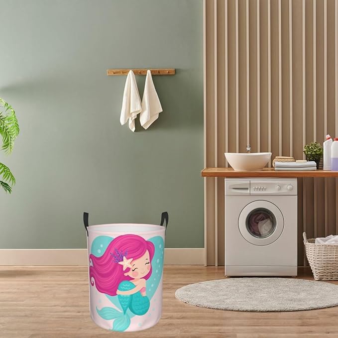 Dujiea Mermaid Girl Laundry Basket Round with Handle, Collapsible Foldable Canvas Storage Bin Dirty Clothes Bag for Laundry/Toys Organizer/College Dorm/Nursery/Decor(2 Sizes)