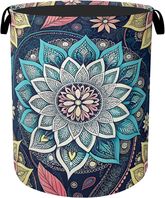 Bohemian Blue Flowers Laundry Basket, Dirty Clothes Basket, Water Resistant Foldable Hamper for Women, Storage Basket for Bedroom, Bathroom, Clothes