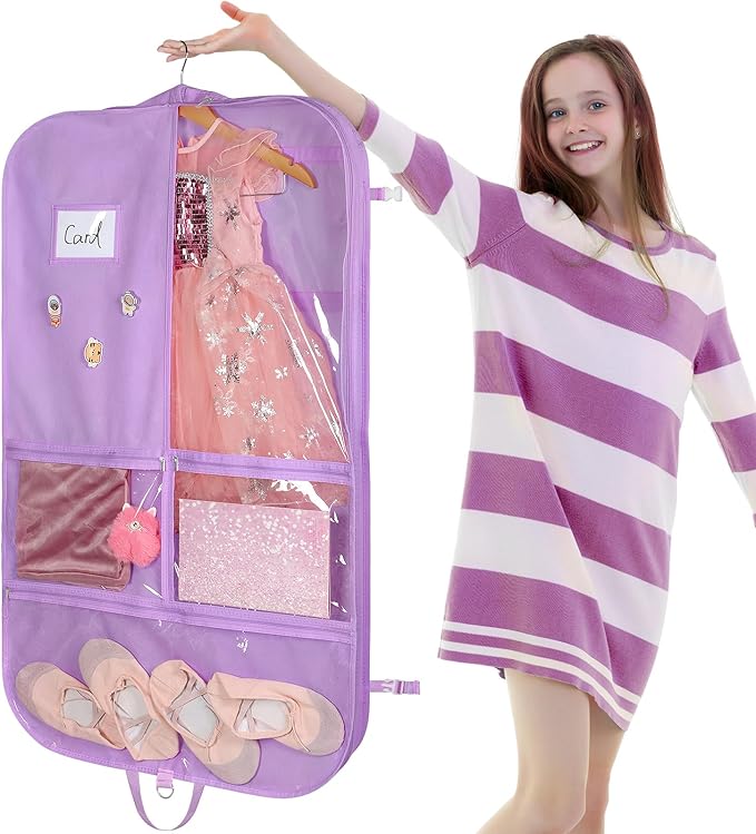 Univivi Purple Dance Costume Bags Garment Bag 40 Inch for Dance Competitions, 3 Medium Clear Zipper Pockets and 2 Back Zippered Pockets, with 1 xPendant, 3 x Badge