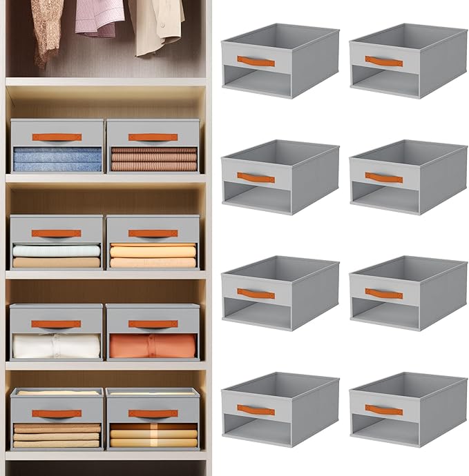 Drawer Organizers and Storage - 8 Pack Foldable Pants Organizer with Clear Window & Handles, Fabric Closet Organizer for Clothes, Jeans, Sweaters, Towels, T-shirt, Scarf (Grey)