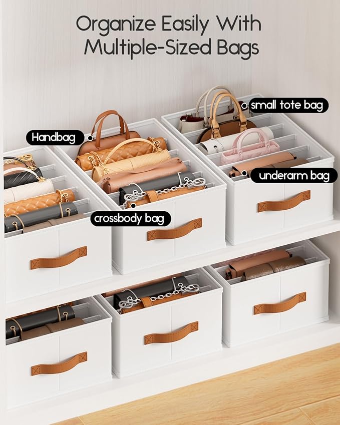 Purse Organizer for Closet, Fabric Handbag Storage Organizer with Handles, Foldable Bag Organizer Drawer for Flat Handbags, Clothes, Towels or Pants, Closet Storage Organizer, White, 6 Pack