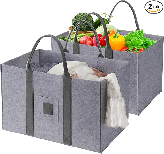 Large Laundry Tote 55L, 2 Pack Fabric Laundry Baskets with Handles, Woolen Clothes Hampers for Dorm, Laundry, Grocery, Traveling, Camping, Shopping, Versatile Storage Solutions (Light Grey)