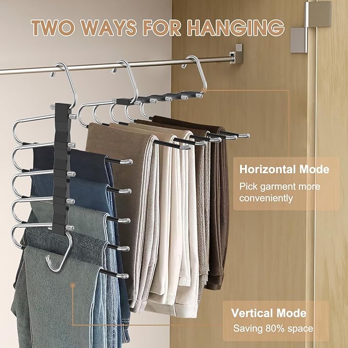 2 Pack Pants Hangers Space Saving, Anti-Slip Multi-Functional Pants Rack, Thickened Stainless Steel Tube, Two Hanging Modes Suitable for Jeans Trousers Skirts Scarf-Black