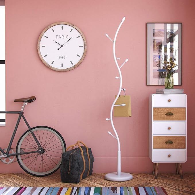Versa Swindon Minimalist Style Coat Rack, with 9 Hooks for Clothing or Bags for The Hall, Measurements (H x L x W) 185 x 32 x 32 cm, Metal, Colour White