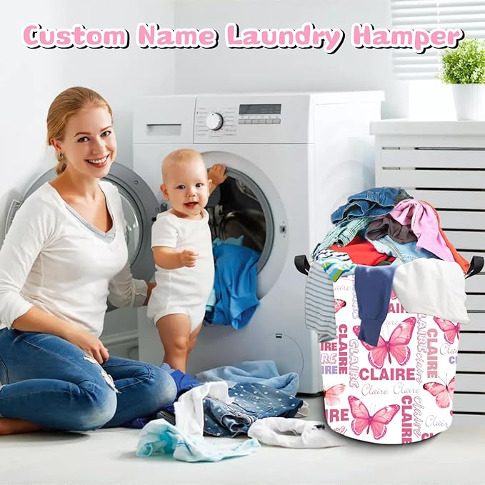 Personalized Laundry Hamper Custom Kids Dirty Clothes Hamper with Name Storage Basket for Bathroom Bedrooms Nursery for Baby Girls Boys Adults (Style-Butterfly)
