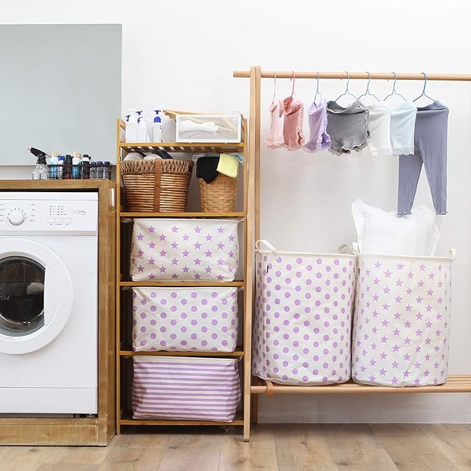 Sea Team 2-Pack 19.7 Inches Large Sized Waterproof Coating Ramie Cotton Fabric Folding Laundry Hamper Bucket Cylindric Burlap Canvas Storage Basket with Stylish Polka Dot Design (19.7", Purple)