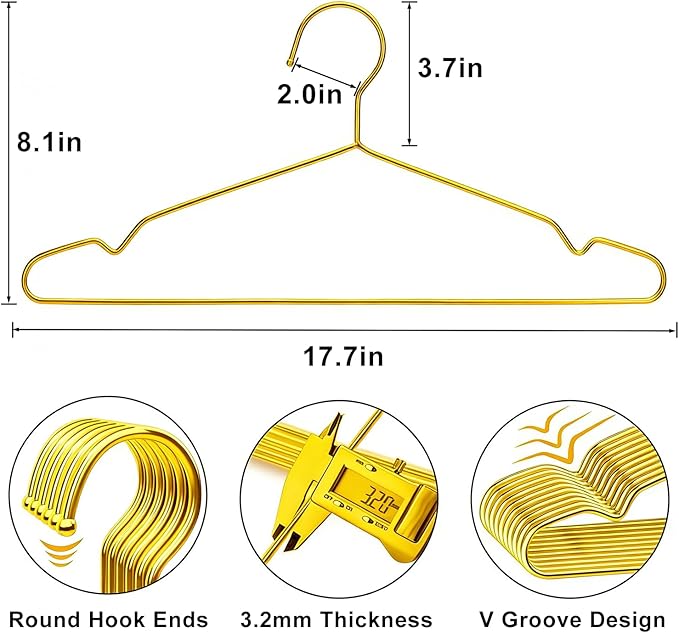 30 Pack Clothes Hangers, METLUCK Stainless Steel Gold Hangers for Clothes Strong Wire Metal Coat Hangers Standard Suit Hangers, Great for Daily Use -17.7 Inch, Gold