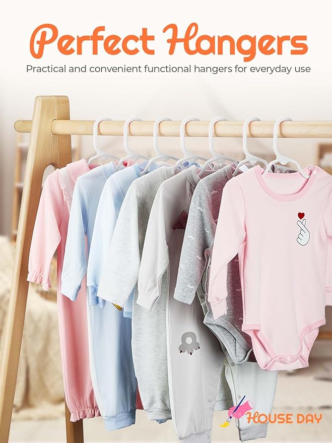 HOUSE DAY Premium Baby Hangers 120 Pack, 11 Inch Kids Plastic Hangers White, Slim Childrens Hanger for Infant, Toddler, Child Clothes, Non-Slip Sturdy and Durable Baby Clothes Hanger for Closet