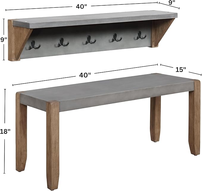Alaterre Furniture Newport 40" Coat Hook with Shelf and Faux Concrete Bench Set