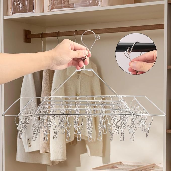 5 Pack 17x10 inch Stainless Steel Drying Rack with 60 Clips, Swivel Sock Drying Rack with Windproof Clips, Stainless Steel Clothes Hanger for Bras, Clothes, Sock & Underwear Towels