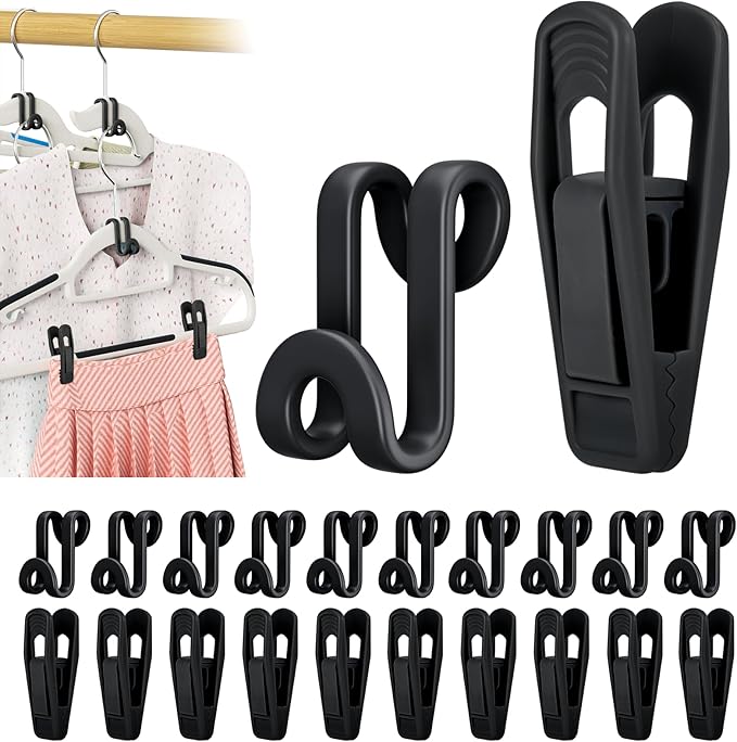 Tinfol Black 60pc Clothes Hanger Connector Hooks and 20pc Plastic Hanger Clips, Stackable Space Saving Hook for Closet Organizers,Plastic Finger Clips for Hangers