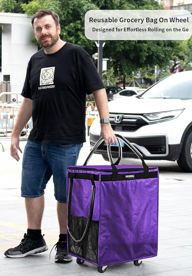 (Medium,Purple) Reusable Grocery Bag on Wheels, 70L Foldable Rolling Tote, Carries Up to 66 lbs Shopping Trolley, Zipper Clouser Shopping Carts for Trips, Laundry, 4 Heavy Duty Wheels and 3 Handles