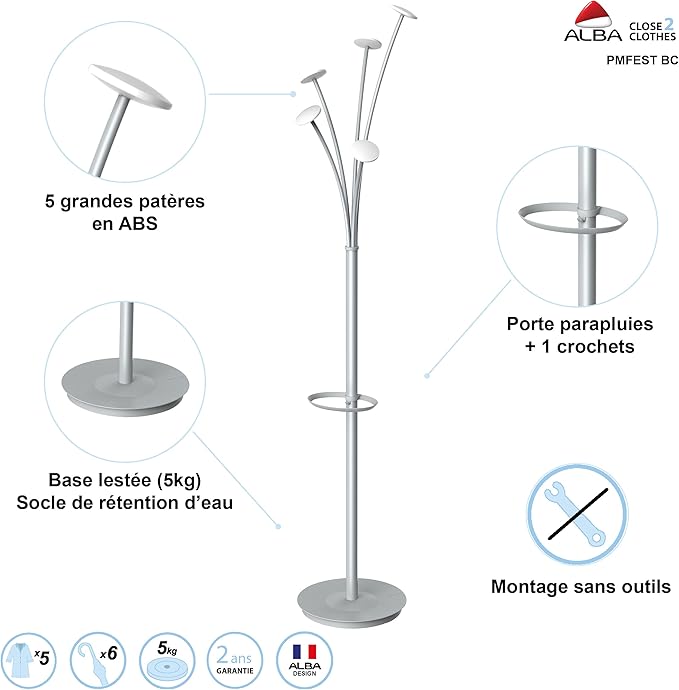 Alba - Coat rack - Grey and white design - Base diameter 35 cm - H 187 cm - Tube: diameter 38 mm - ABS - 5 large hooks