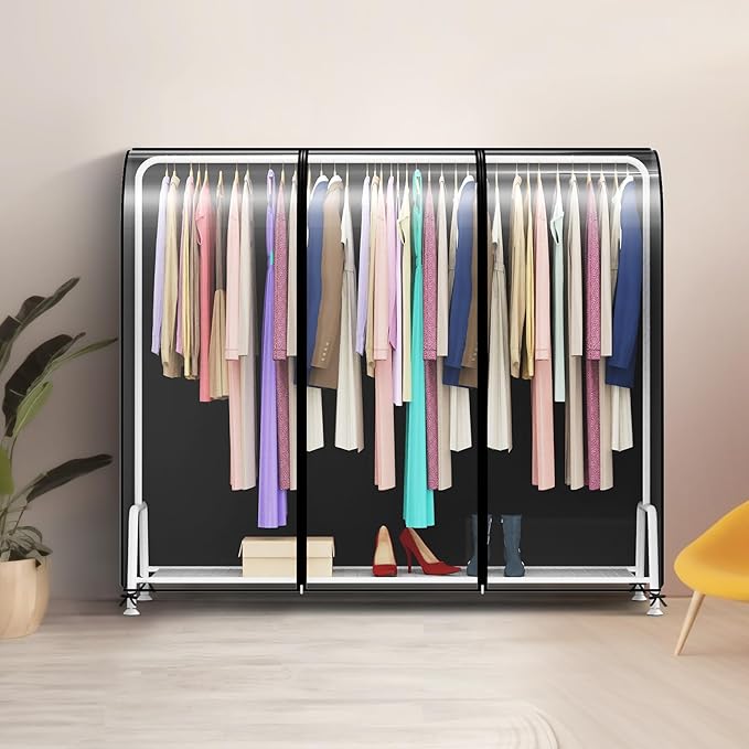 Kntiwiwo Clear Garment Rack Cover, Clothes Rack Cover Clothing Rack Cover with Durable Zippers for Garment Rack, Clothes Rack, Black, 72"L x 20"W x 60"H (Rack Not Included)