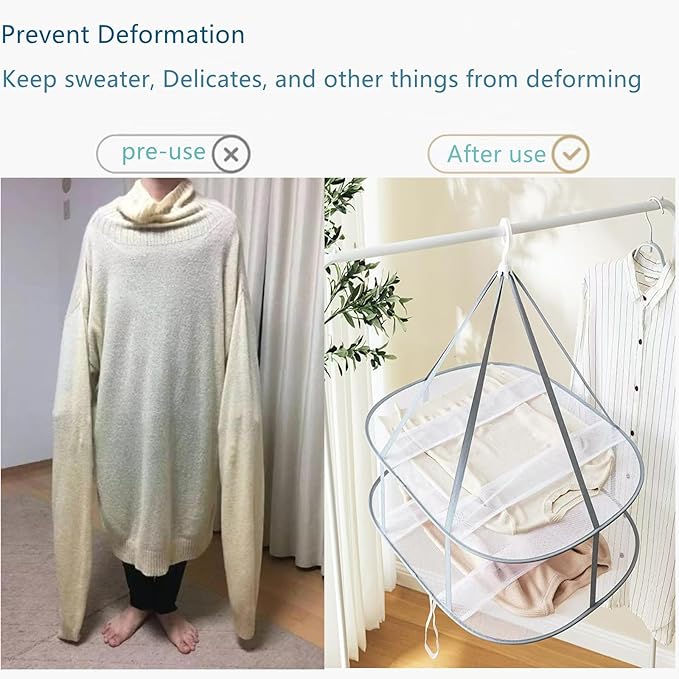 Large Size Sweater Hanging Dryer, 2 Tier Folding Drying Rack, Lay Flat to Dry Mesh Clothes Hanger for Sweater, Delicates and Swimsuit(30.7X24X25 in/1PCS)