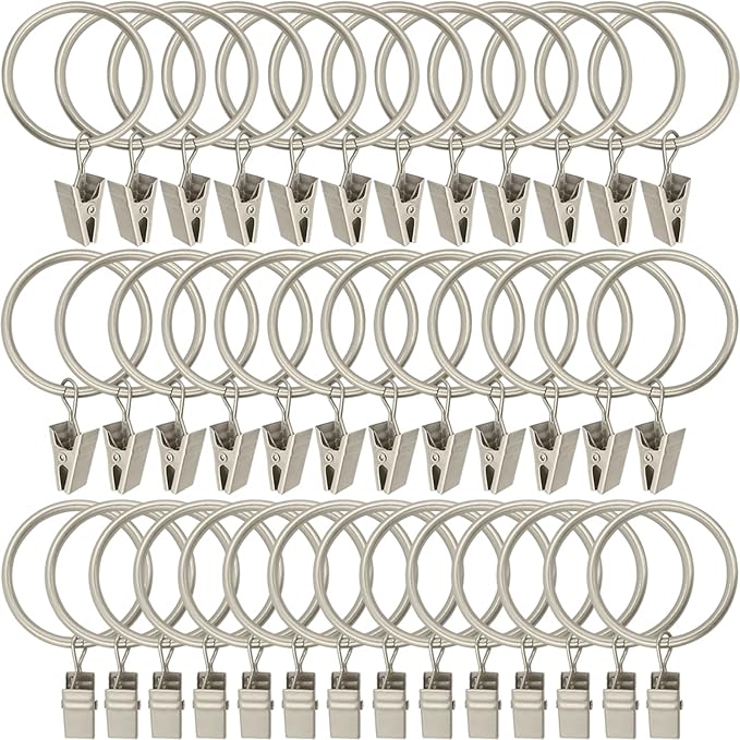40 Pack Matte Silver Curtain Rings with Clips, Curtain Hooks Hangers Clip Rings for Hanging Drapes Bows Hat, Drapery Rings 1.5 in I D, Fits up to 1.2 in Diameter Curtain Rod.