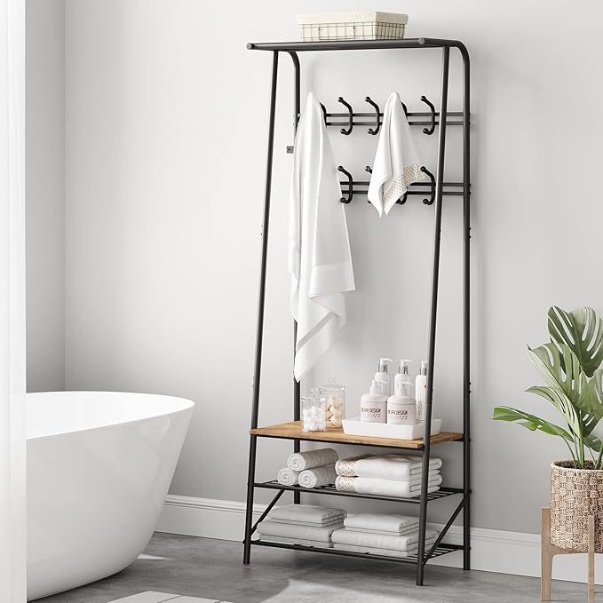 GAOMON Coat Rack, Hall Tree with Shoe Bench for Entryway, Shoe Rack Organizer with 10 Coat Hooks, 3-in-1 Hall Tree Entryway Bench, Wooden Furniture with Metal Frame