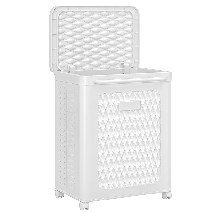 VECELO Rolling Storage Bins with Lid, Plastic Organizers Cart with Wheels & Handle, Foldable Storage Containers for Laundry, Bathroom, Bedroom, 19.3" x 13.8" x 25.0", White