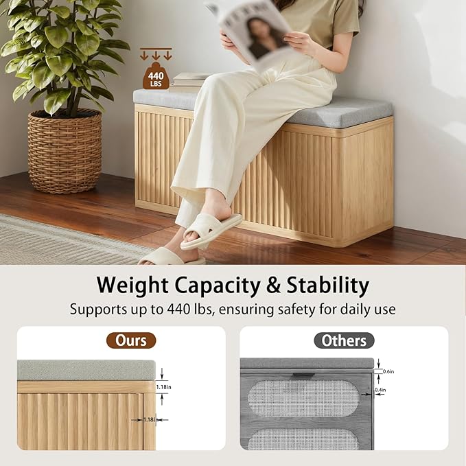 Double Layered Shoe Cabinet with Bench,Wooden Shoe Bench with Soft Cushion,Double Door without Handle Pressing Spring,Fluted Panel,Suitable for Entrance,Corridor and Living Room (Shoe Bench-Light Oak)
