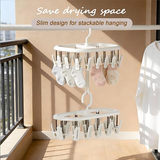 Clothes Drying Hanger with 12 Clips 2 Pack Folding Portable Hanging Drying Rack,Drip Foldable Hanging Rack 360° Rotatable Hook Clips