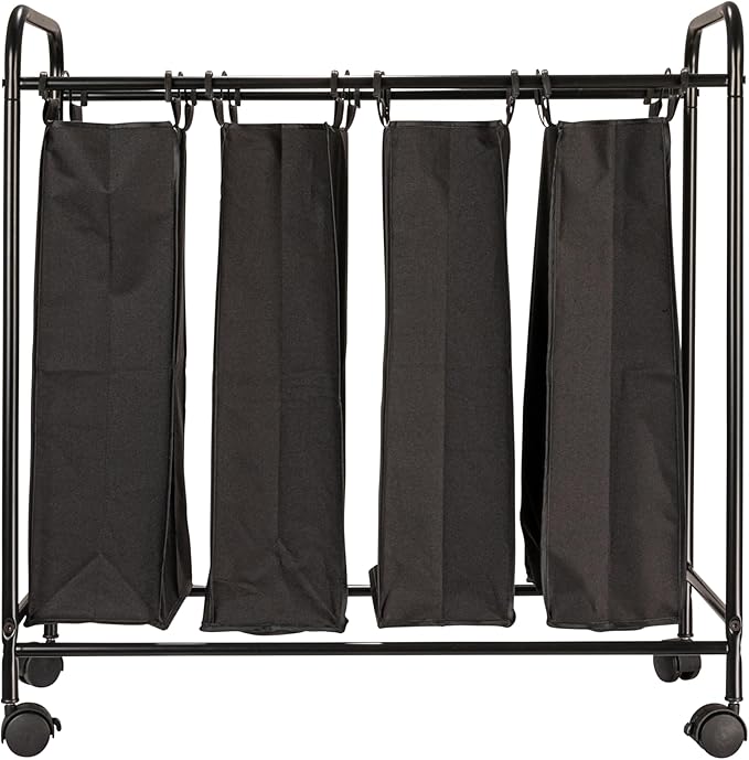 Household Essentials Rolling Laundry Sorter, 4 Bag Laundry Sorter Cart with Washable and Removable Bags, Black