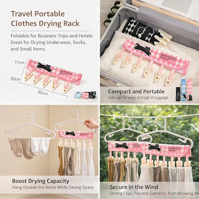 FOLAI 3-Pack Portable Fabric Products Travel Hangers Foldable Suitcase Clothespin Small Clothes pin Rack with 6 Clips（Cat-Themed）