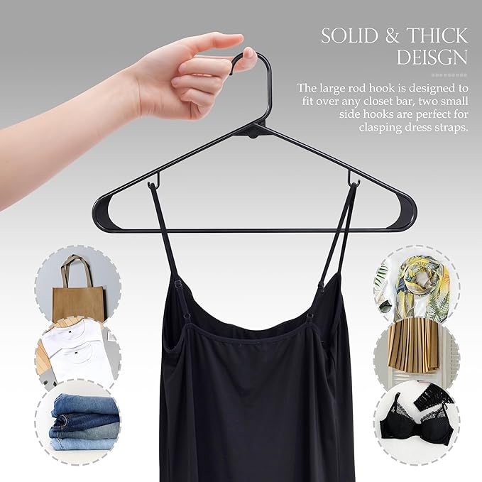 SUPER DEAL Plastic Hangers 100 Pack, Clothes Hangers with Double Hooks for Coat Shirts Pants Dresses, Heavy Duty Durable Closet Space Saving, Black