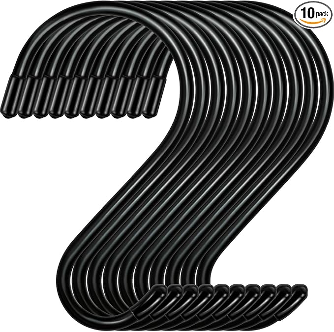 Dreecy 10 Pack 5 Inch S Hooks for Hanging Plants, Heavy Duty Metal Black Rubber Coated Non-Slip Closet Hooks for Hanging Jeans, Clothes, Purse, Jewelry, Pot, Pans, Cups