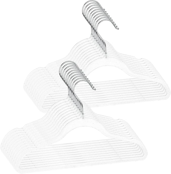 20-Pack Kids Glitter Clothes Hangers – Sparkly Non-Slip 12.5in (32cm) Slim Hangers for Nursery Closet Organization, Silver Glitter with Matching Hook