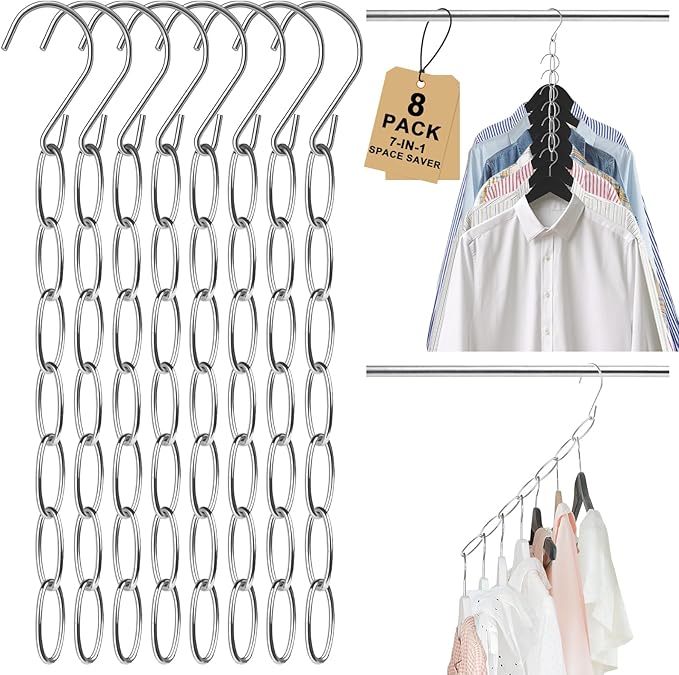 Space Saving Hangers, 8 Pack Metal Clothing Chain Hangers with 7 Holes, Closet Organizer & Cascading Hanger Organizer for Dorm, Home, RV, Wrinkle Reducing, Small Space Storage Solution